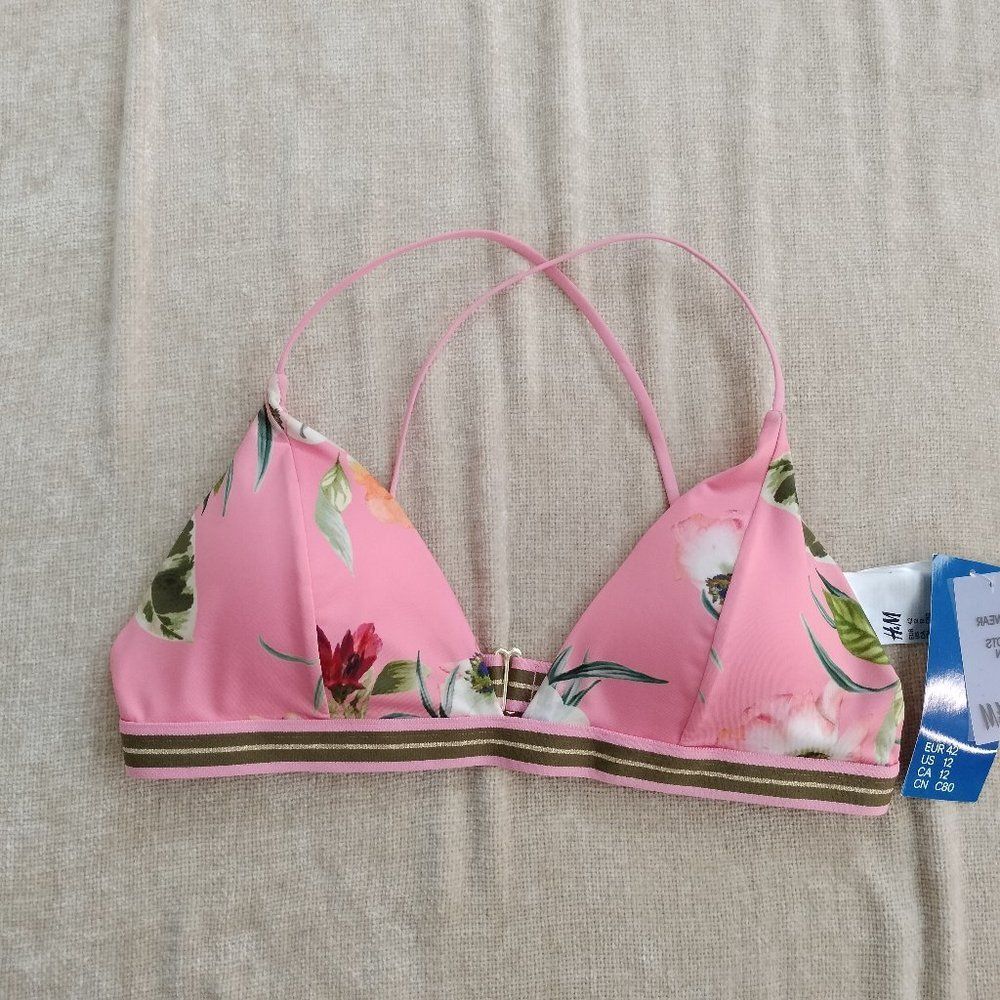 H&M Pink and Gold Floral Bikini Top Size 12 NWT